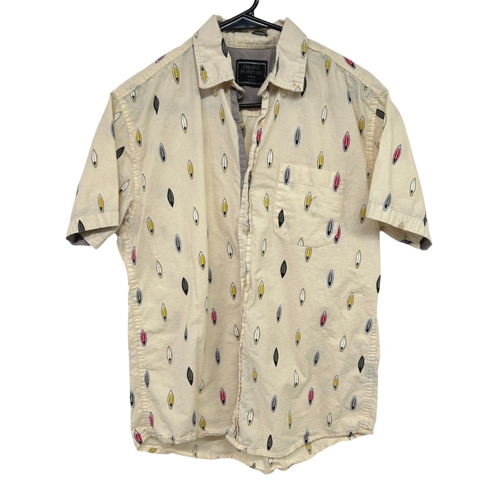 Surfboard Print Button Up Shirt Small Cream Coastal Beach Y2K Resort Surf